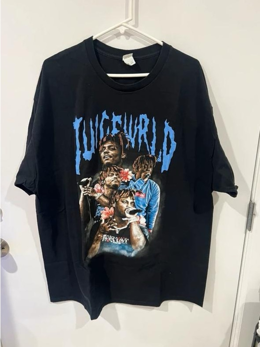 Black Graphic Short-Sleeve Tee with Blue Artwork